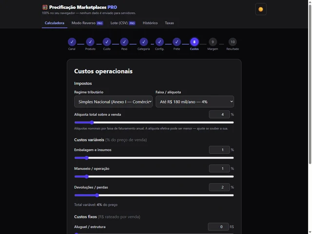 Tela real da calculadora de precificação FisgarOne, com custos operacionais e alíquotas configuráveis